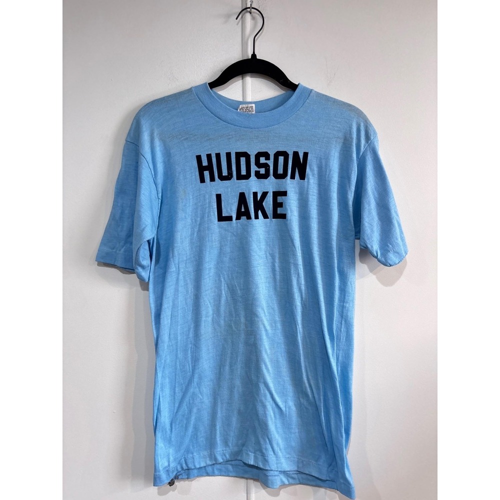 VTG Hudson Lake Beer Mug Shirt Mens Small Blue Downerwear Graphic Tee T-Shirt 80